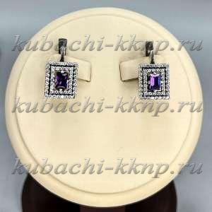 Фианит - Геометрические серьги с фианитами цвета аметист Строгость из серебра 925 пробы