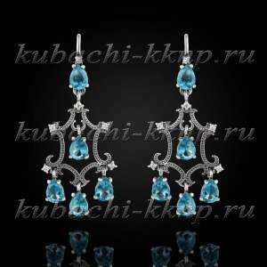 Висячие серебряные серьги с искусственными топазами и фианитами  Висячие серебряные серьги с искусственными топазами и фианитами