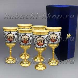 Набор из шести серебряных фужеров с позолотой и гербом России - бк064-6