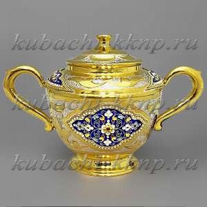 Серебряная сахарница с позолотой и эмалью 
