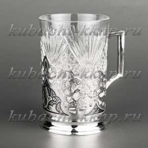 Серебряный подстаканник с орнаментом и прямоугольной ручкой, 230 мл - пд020