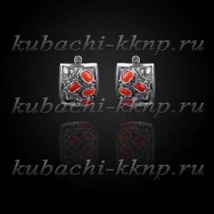 Серебряные серьги кубачи с кораллами - с814