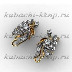 Золотые интересные серьги с фианитами - e00058