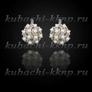 Серебряные серьги кубачи с фианитами и искусственным жемчугом - с801