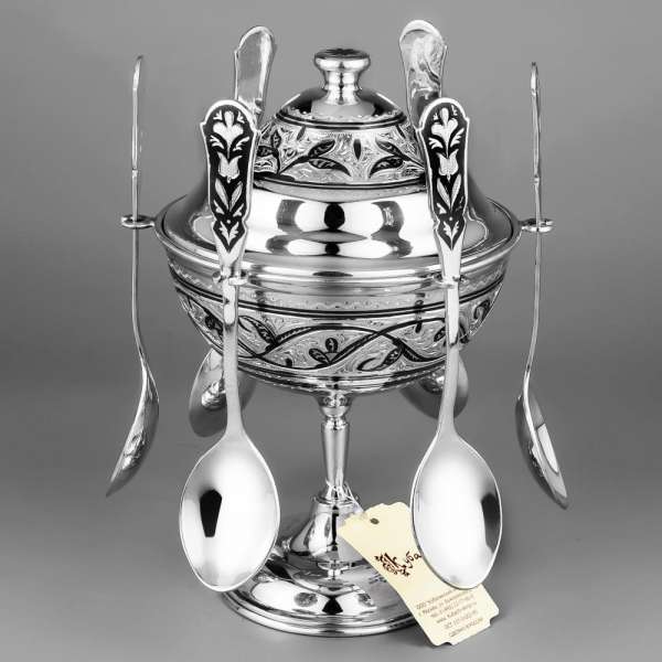 Серебряная икорница - вареница с шестью ложками, ик011