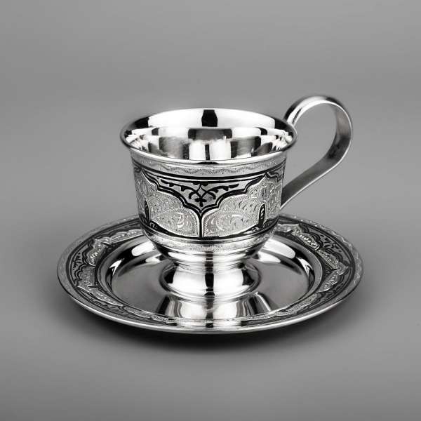 Кофейная чашка с блюдцем из серебра, чп0006м