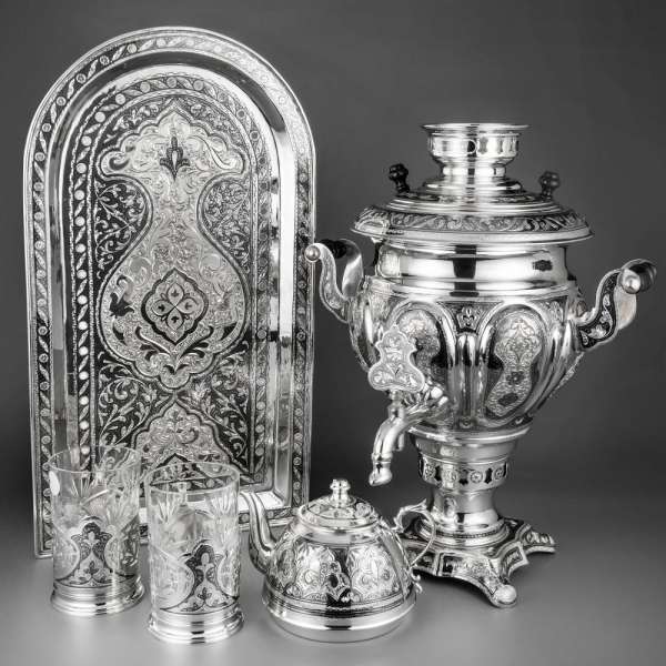 Самовар серебряный с подносом и чайником, 4 л .Электрический, см011