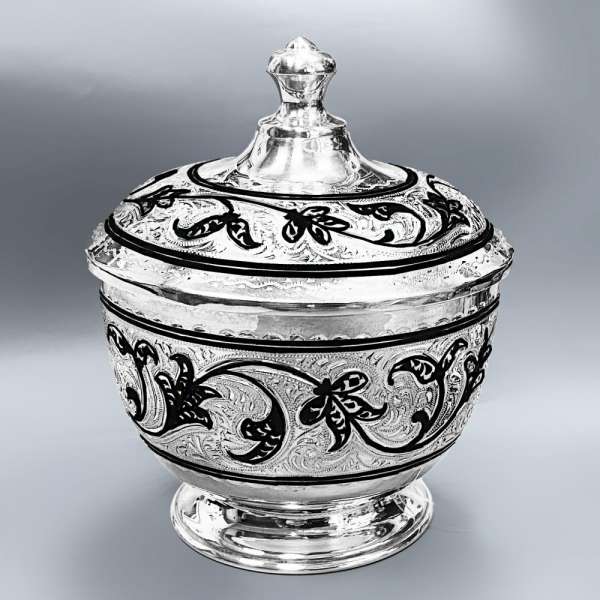 Серебряная сахарница  с крышкой и кубачинским орнаментом, СХ00064