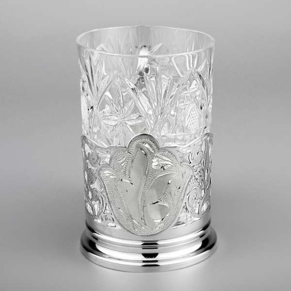 Серебряный подстаканник без чернения с оригинальной ручкой, ПД096