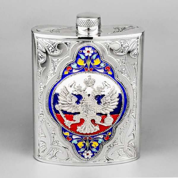 Серебряная фляга с эмалью и гербом, 180 мл, фл016