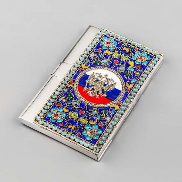 Серебряная визитница из серебра с эмалью «Россия», vzt025
