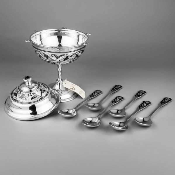 Серебряная икорница - вареница с шестью ложками, ик011